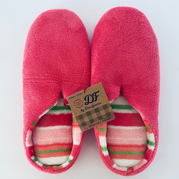 DEARFOAMS Microfiber Terry Memory Foam PINK STRIPED SCUFFS Womens XL (11-12) NWT - Picture 1 of 4